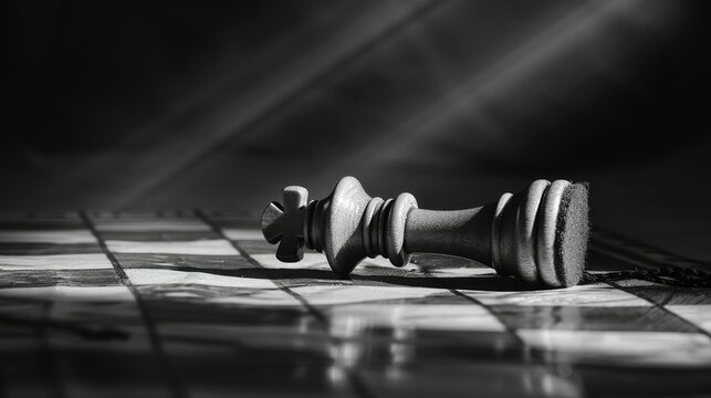 Dramatic black and white image of a fallen king chess piece, symbolic of defeat or strategy, with a stark shadow