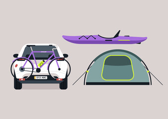 Adventure Awaits, Car With Kayak and Campsite Ready, A vehicle equipped with bicycles and a canoe, beside a pitched tent symbolizing outdoor escapades