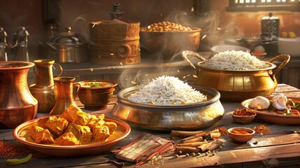 Indian recipes, showcasing vibrant spices, aromatic rice, and mouthwatering dishes arranged on a rustic wooden table.