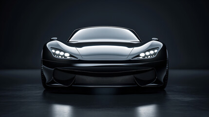 Front view of a modern hybrid black car close up on a black background