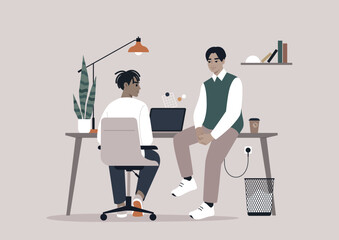 Casual Colleague Conversation in a Modern Workspace, Two employees engage in a relaxed chat amidst their minimalist office environment