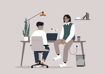 Casual Colleague Conversation in a Modern Workspace, Two employees engage in a relaxed chat amidst their minimalist office environment