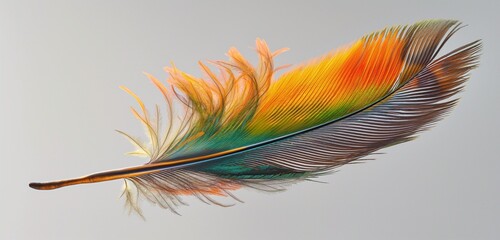 A single, perfect feather of an exotic bird, its vibrant colors standing out starkly against a light gray background.