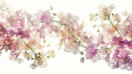 Obraz premium pastel purple and white flowers in a close-up shot against a soft, white background, with a dreamy composition bathed in gentle light