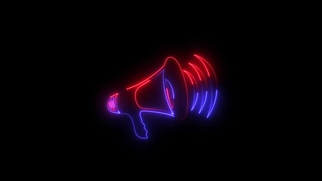Neon megaphone icon blue pink color animation black background. neon light hand speaker animated on black background.