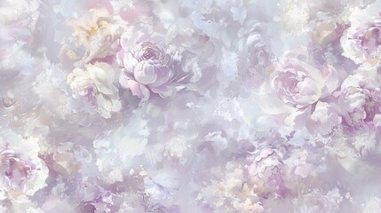 pastel purple and white flowers in a close-up shot against a soft, white background, with a dreamy composition bathed in gentle light