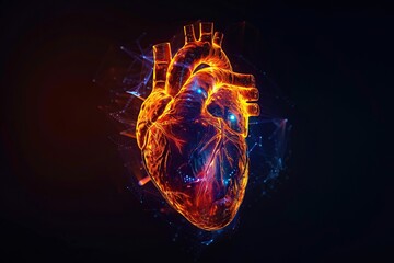 3D rendering of holographic human heart on dark background