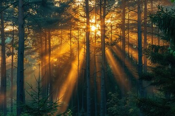 Sunrise and sunrays over the green forest