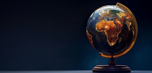 A beautifully crafted globe on a wooden stand, its detailed surface illuminated subtly, placed...