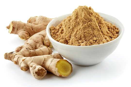 Ground dry ginger in bowl isolated on white background