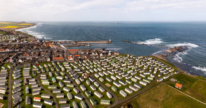 Aerial view of large holiday caravan park in Seahouses town on the Northumberland coast