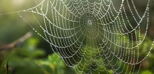 A detailed macro shot of a dew-covered spider web, the water droplets sparkling in the morning light, set against a tranquil, forest green presentation background.