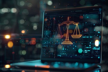 a laptop screen displays digital scales surrounded by glowing data streams, symbolizing the intersection of artificial intelligence and justice in law

