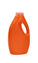 Empty orange plastic bottle from household chemistry without label