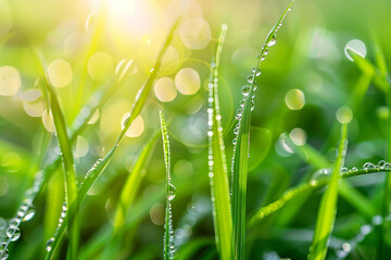 Fototapeta premium A close-up of dewdrops glistening on blades of grass in the morning sun.