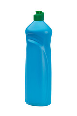 Empty blue plastic bottle from household chemistry without label