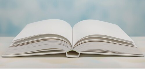 A panoramic shot of an elegant, open hardcover book, its pages inviting and blank, against a muted, pastel blue presentation background.