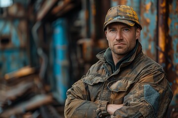 Obraz premium Man in camouflaged work attire posing