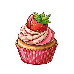 Delicious colorful cupcake with strawberry and cream on top