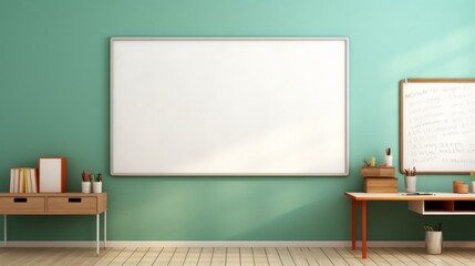 electronic  white school board on a green wall ,