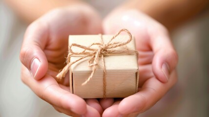  Close-up of a hand holding a small, exquisitely wrapped gift.