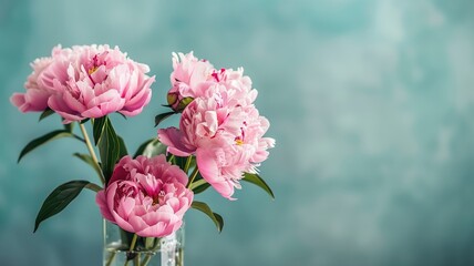 Obraz premium A close-up of vibrant pink peonies in a clear vase.