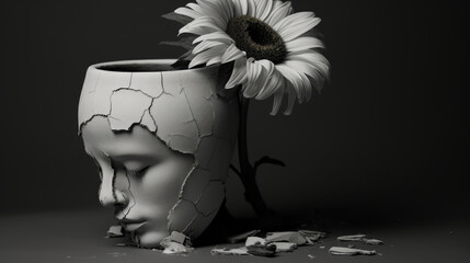 A distraught individual against a grayscale background, showcasing a wilted flower and a cracked pot.
