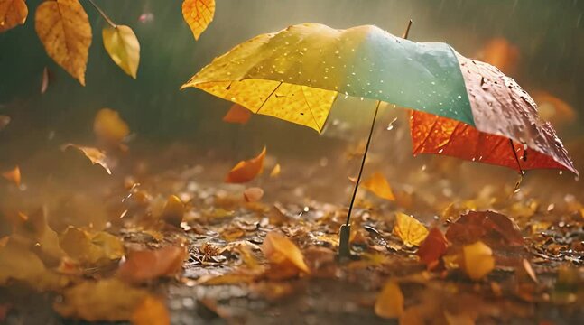 autumn leaves umbrella under the rain