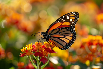 Fototapeta premium A close-up of a sunlit butterfly perched on a vibrant flower.