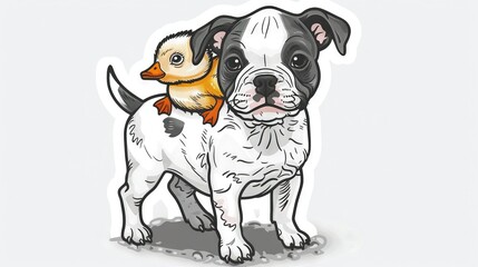 Fototapeta premium A photo of a dog with a duck on its back, seated beside its owner