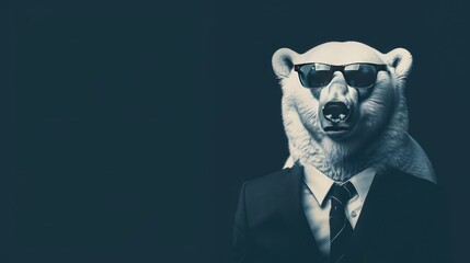 a cool-looking polar bear wearing sunglasses, a suit, and tie against a dark background, with ample copy space on the side for text or graphics.