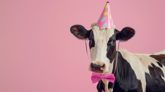 Celebratory cow in party hat on pink background