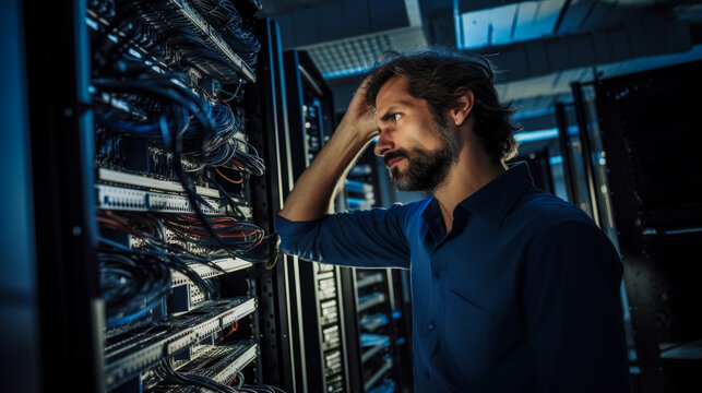 Technician with a blueprint, scratching his head while looking at a complex server cabinet.