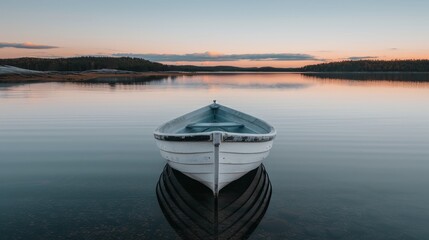 Tranquil sunset ocean view with an empty wooden rowboat on the serene and calm still waters