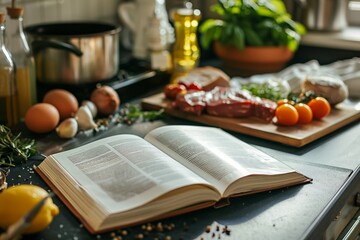 Recipe book open on kitchen counter with food