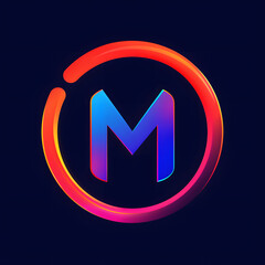 The letter M is displayed in a vibrant violet font inside an electric blue circle, set against a dark background. This emblematic symbol serves as a colorful logo or signage in modern art
