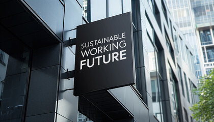 Sustainable working future sign in front of a modern office building 