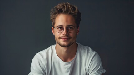 Daylight portrait of young handsome caucasian man isolated on grey background, dressed in white t-shirt and round eyeglasses, looking at camera and smiling positively hyper realistic  - Powered by Adobe