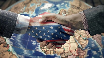 Symbolic image of two hands, one draped with the American flag and the other with the Russian flag, shaking over a globe showing both countries