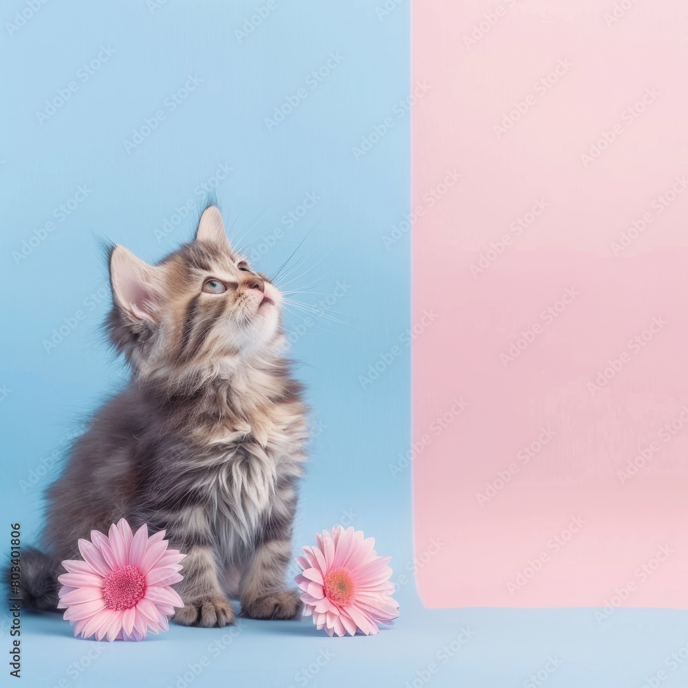 Poster charming kitten and delicate flower on soft pastel background with ample room for adding text
