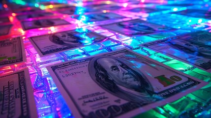 Dollar bills in neon lights. background hyper realistic  - obrazy, fototapety, plakaty