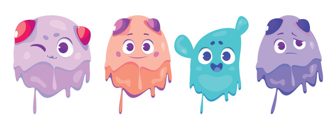 Set of cute monsters in cartoon style. Vector illustration of beautiful, colorful monsters with different emotions: smiling, winking, with raised eyebrows isolated on white background. Characters.
