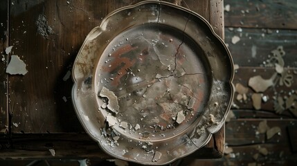 Beautiful stylish plate broken into pieces, top view background