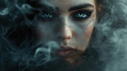 The face of a beautiful girl with makeup who is enveloped in smoke of different colors