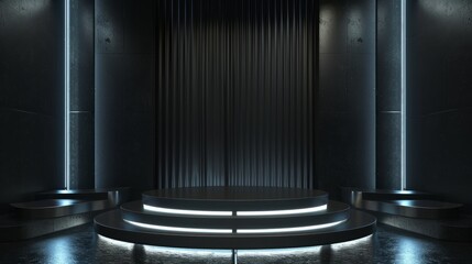 Futuristic dark podium with light and reflection background hyper realistic 