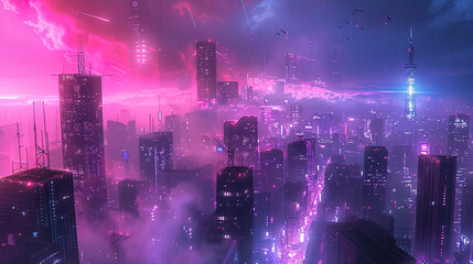 Obraz premium synth wave city in anime manga style, lofi vibes, morning sunrise