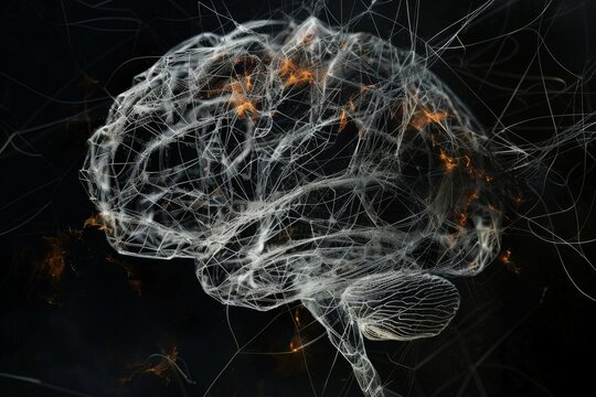  An intricate depiction of the human brain's neural network with dynamic connections and neural activity, visualized as glowing nodes and connecting fibers on a dark background.