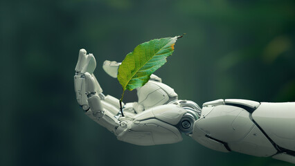  White cyborg robotic hand holding a young plant against green spring forest background - 3D rendering.
