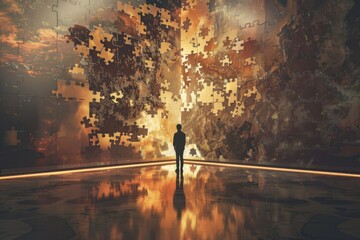 A thought-provoking scene of a lone individual standing amidst suspended puzzle pieces in a sunlit room, symbolizing problem-solving and the complexities of the human mind.