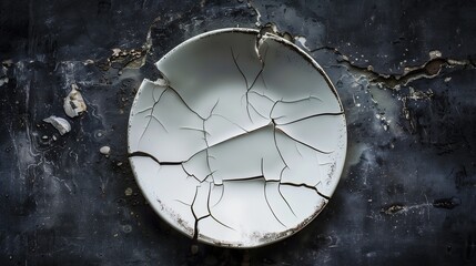 Beautiful stylish plate broken into pieces, top view background